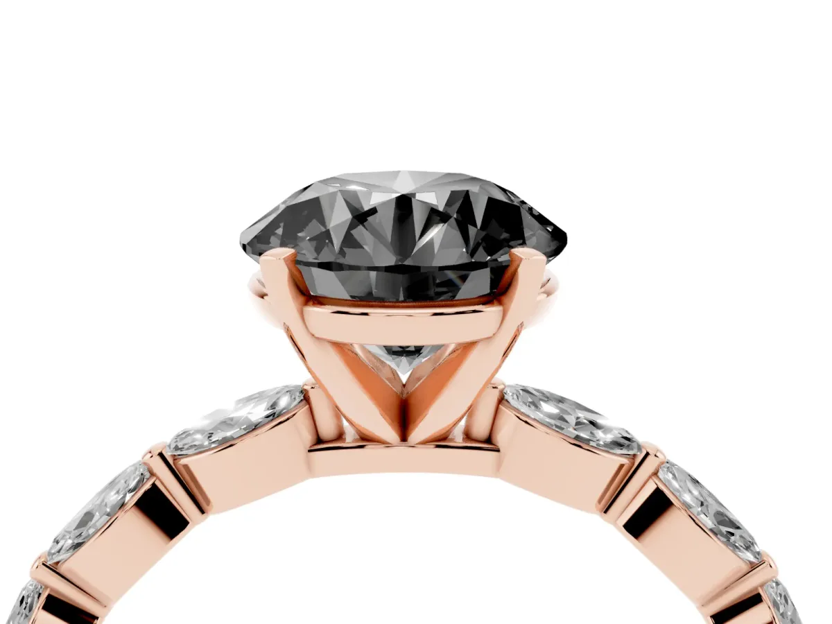 Fancy Black Round Cut Diamond Ring with Marquise Side Stones and Prong Setting Rose gold