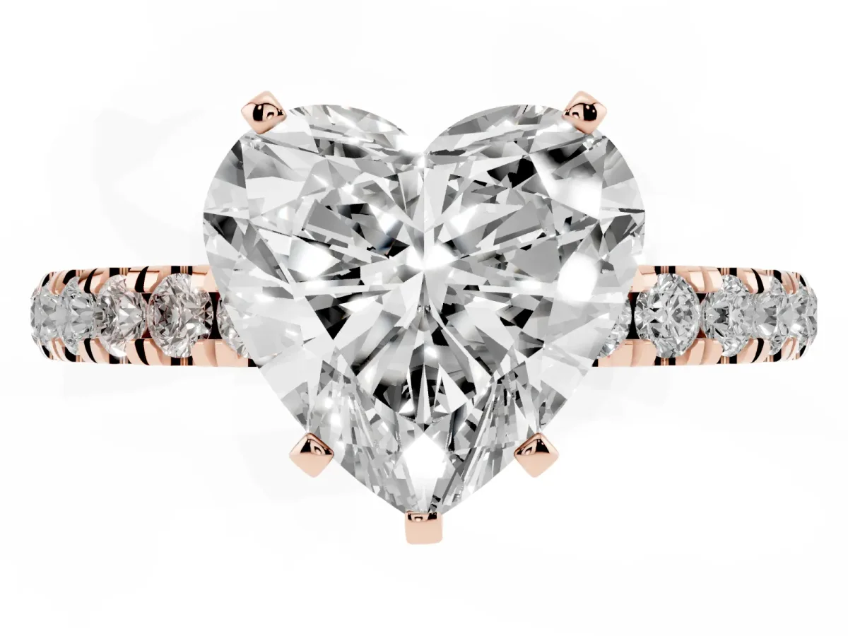 Heart Cut Diamond Solitaire Ring with Pavé Accents and Four-Prong Setting Rose gold
