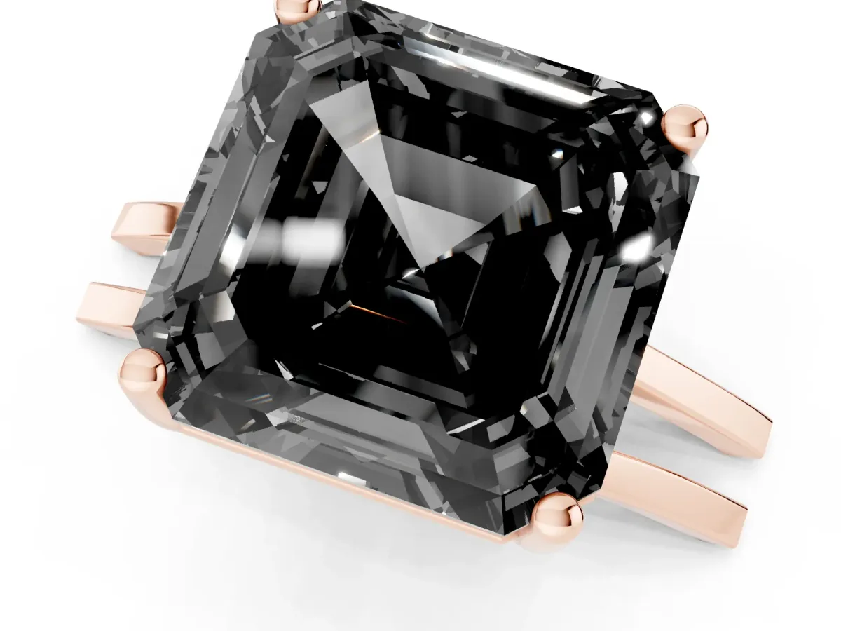 Fancy Black Asscher Cut Cut Diamond Solitaire Engagement Ring with Tapered Plain Band and Four-Prong Setting Rose gold