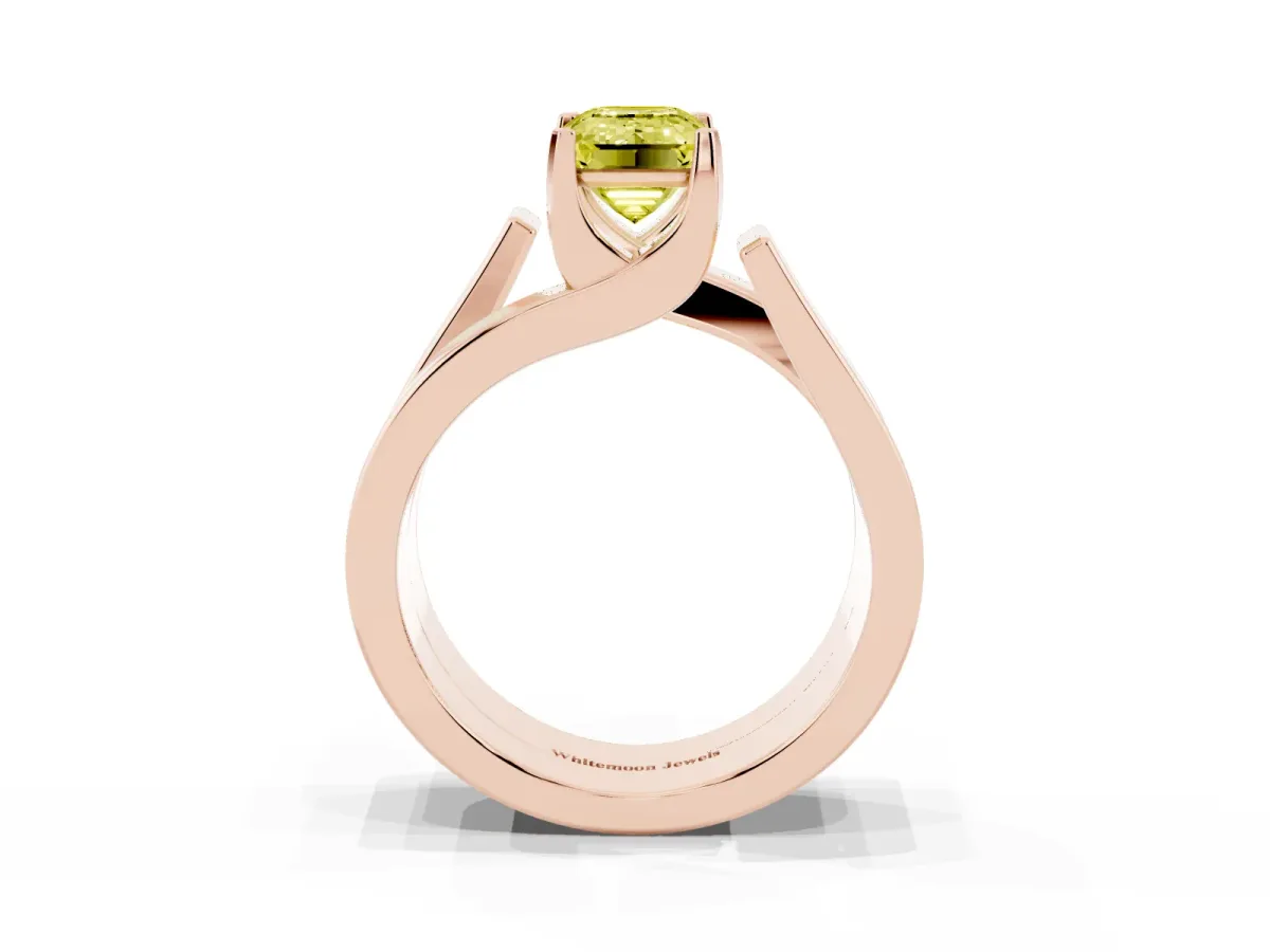 Fancy Yellow Modern Tension Set Emerald Cut Diamond Solitaire Wide Band Ring Rose gold