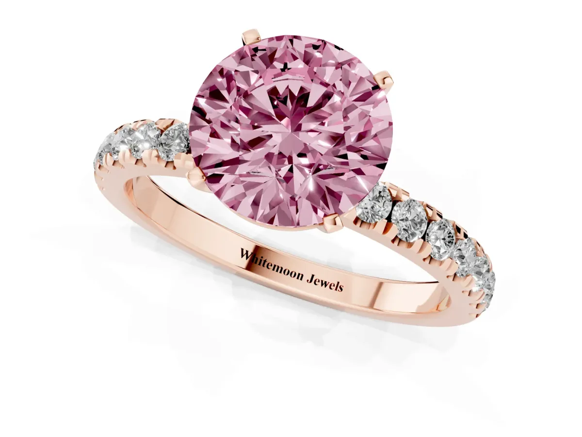 Fancy Pink Round Cut Diamond Solitaire Ring with Pavé Accents and Four-Prong Setting Rose gold