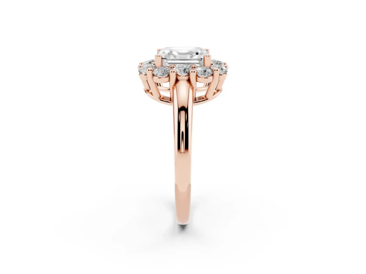 Asscher Cut Halo Cluster Diamond Engagement Ring with Prong Setting and Polished Band Rose gold