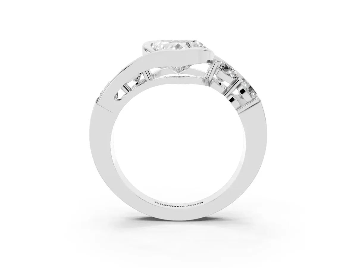 Bezel Set Heart Cut Diamond Bypass Ring with Round Accents Platinum