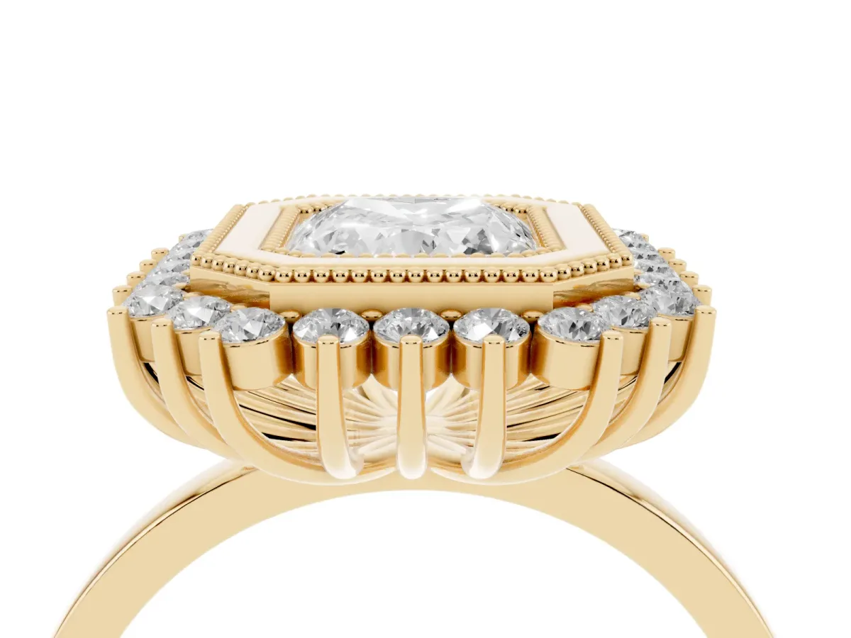 Radiant Cut Halo Diamond Ring with Milgrain Edge and Round Prong Setting Yellow gold