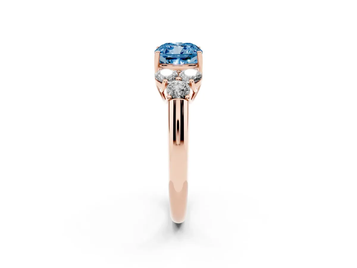 Fancy Blue Cushion Cut Cut Diamond Cluster Ring with Round Accent Stones and Prong Setting on a Classic Band Rose gold