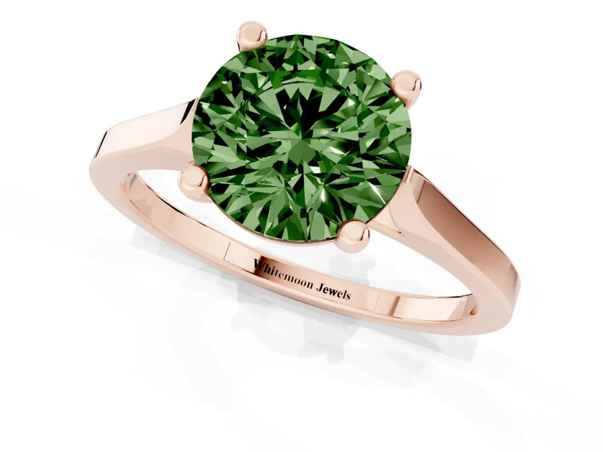 Fancy Green Round Cut Solitaire Diamond Ring with Four-Prong Setting and Tapered Band Rose gold