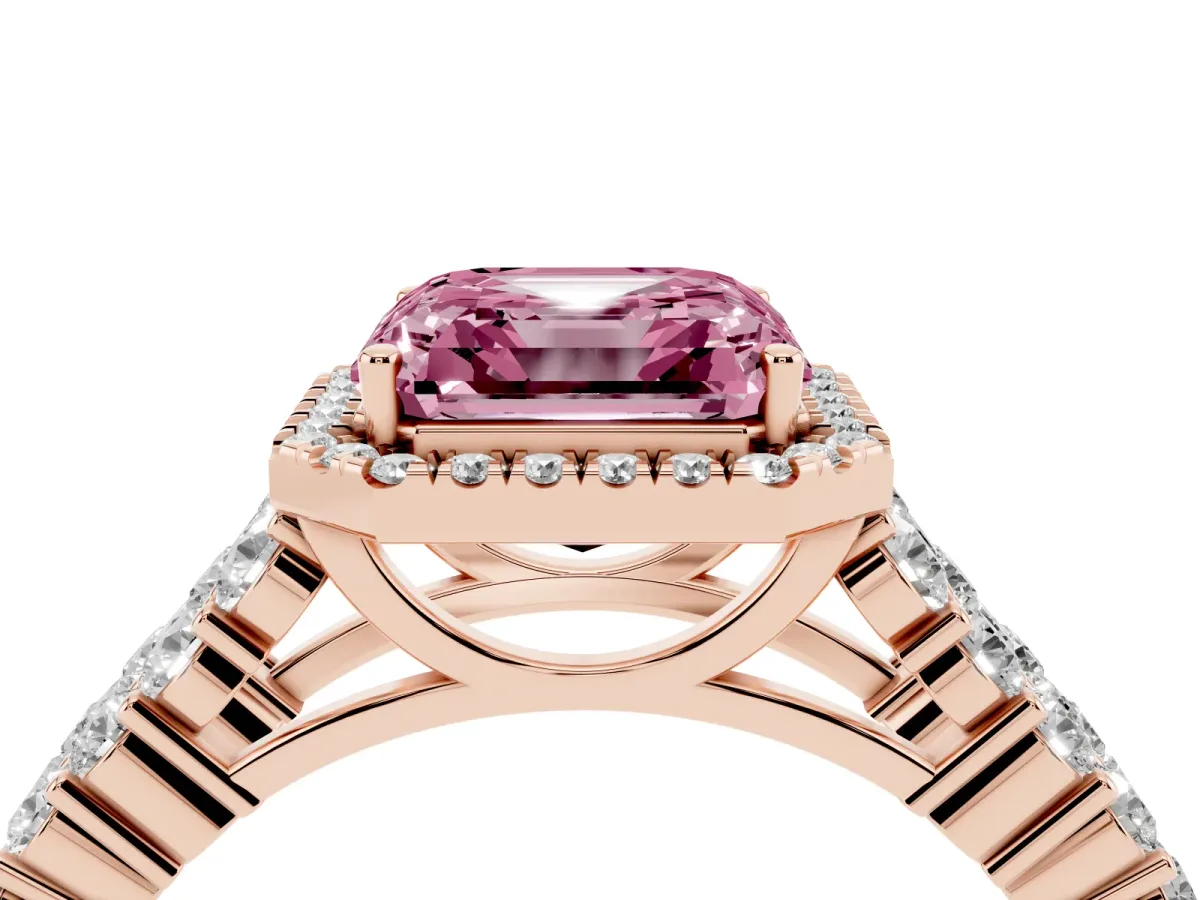 Fancy Pink Asscher Cut Diamond Halo Engagement Ring with Triple Row Round Pavé Band and Prong Setting Rose gold