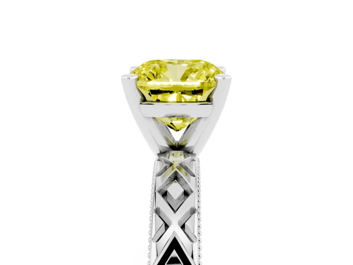 Fancy Yellow Cushion Cut Solitaire Diamond Ring with Milgrain and Black Enamel X Pattern Band Silver