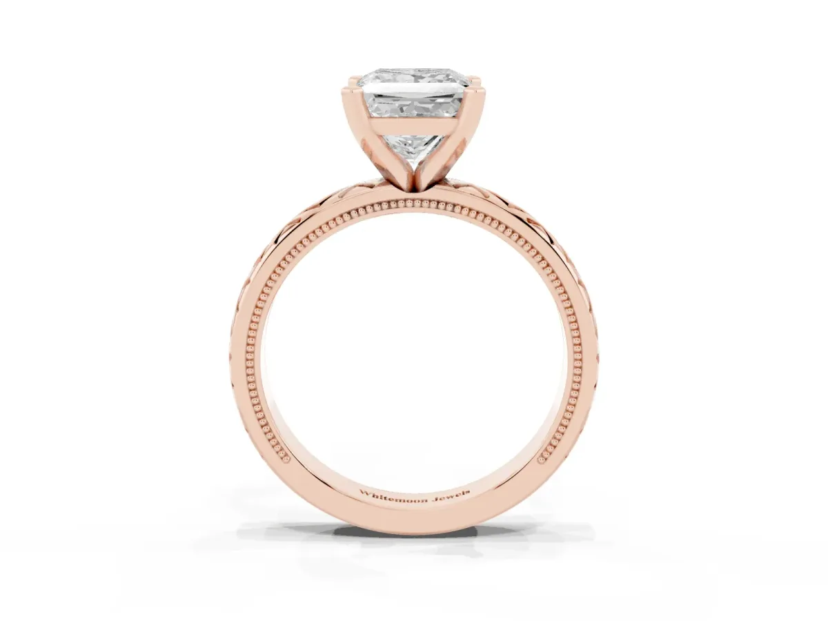 Princess Cut Solitaire Diamond Ring with Milgrain and Black Enamel X Pattern Band Rose gold