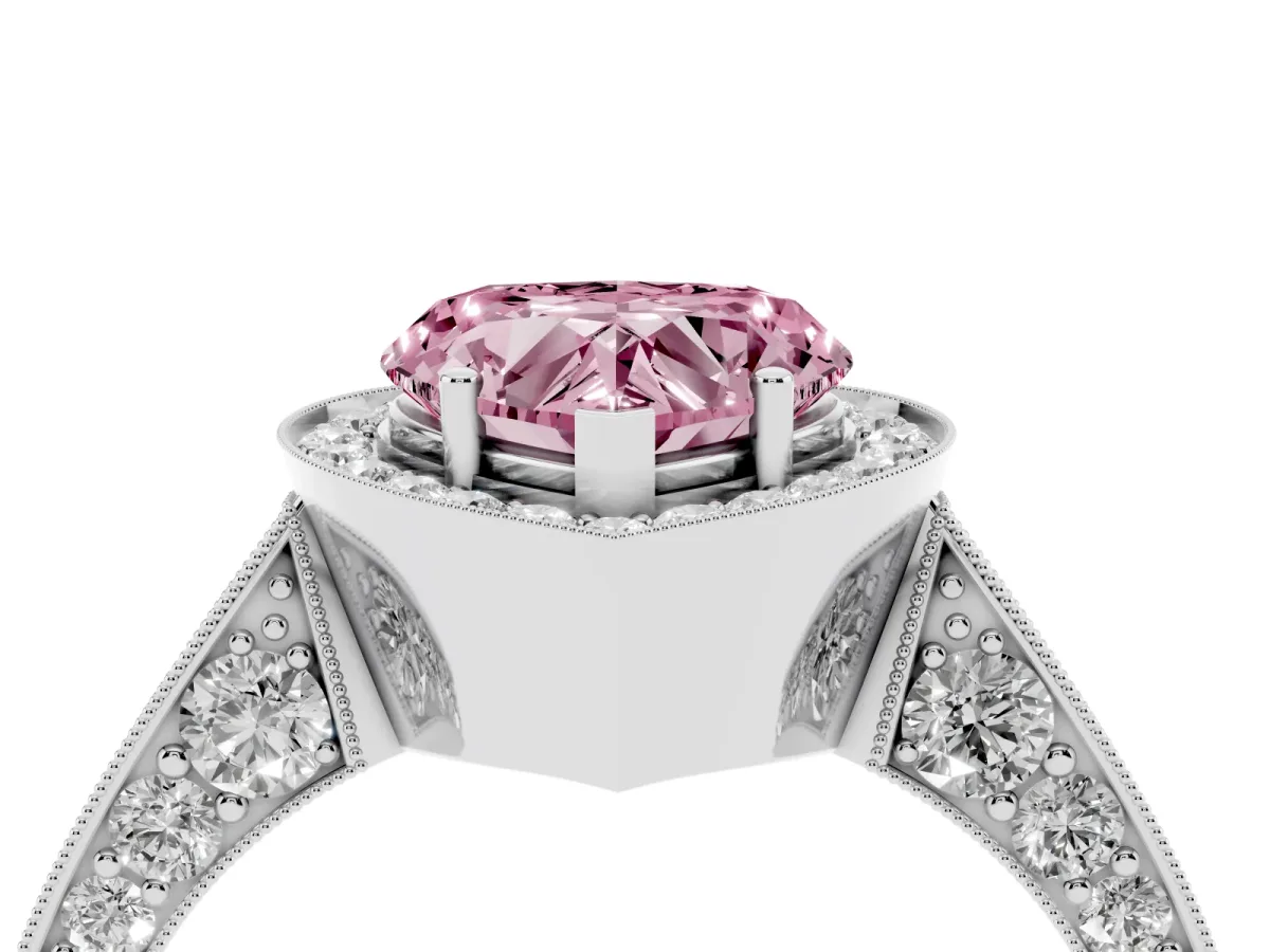 Fancy Pink Heart Cut Halo Diamond Engagement Ring with Split Shank Band and Four-Prong Setting Silver