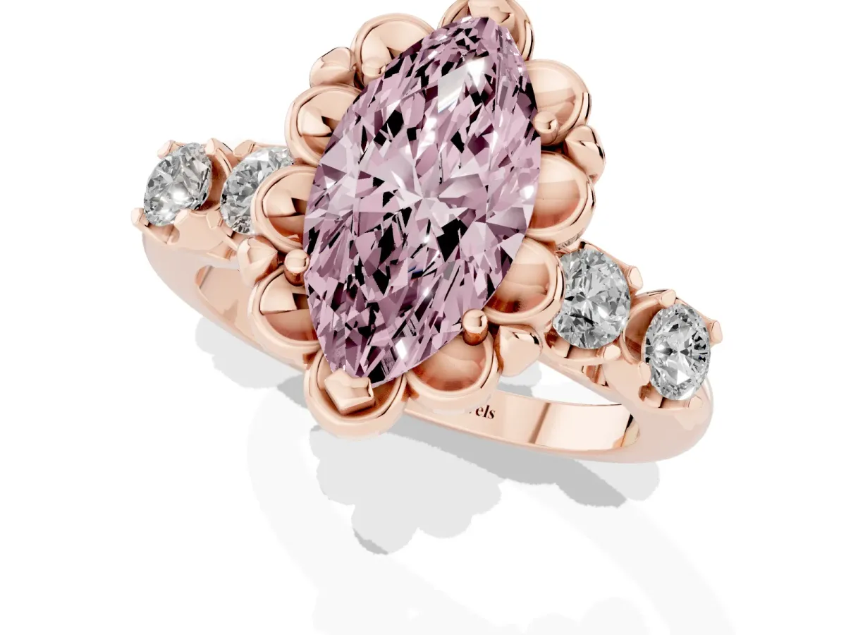 Fancy Pink Marquise Cut Cut Diamond Floral Halo Engagement Ring with Shared Prong Setting Rose gold