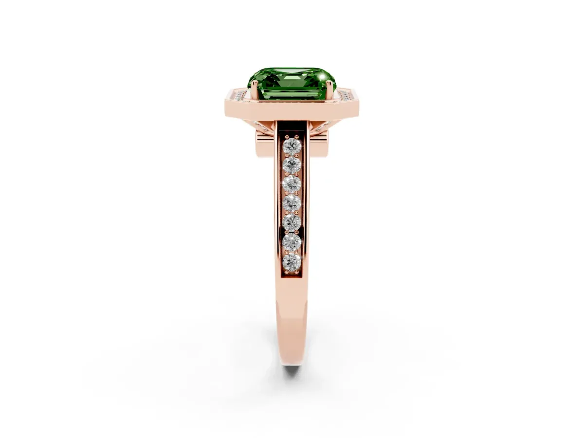 Fancy Green Asscher Cut Halo Solitaire Diamond Ring with Pave Band and Bezel Setting Rose gold