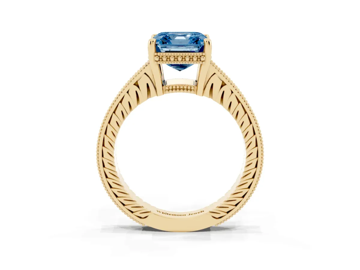Fancy Blue Asscher Cut Solitaire Pavé Diamond Milgrain Engagement Ring with Four-Prong Setting Yellow gold