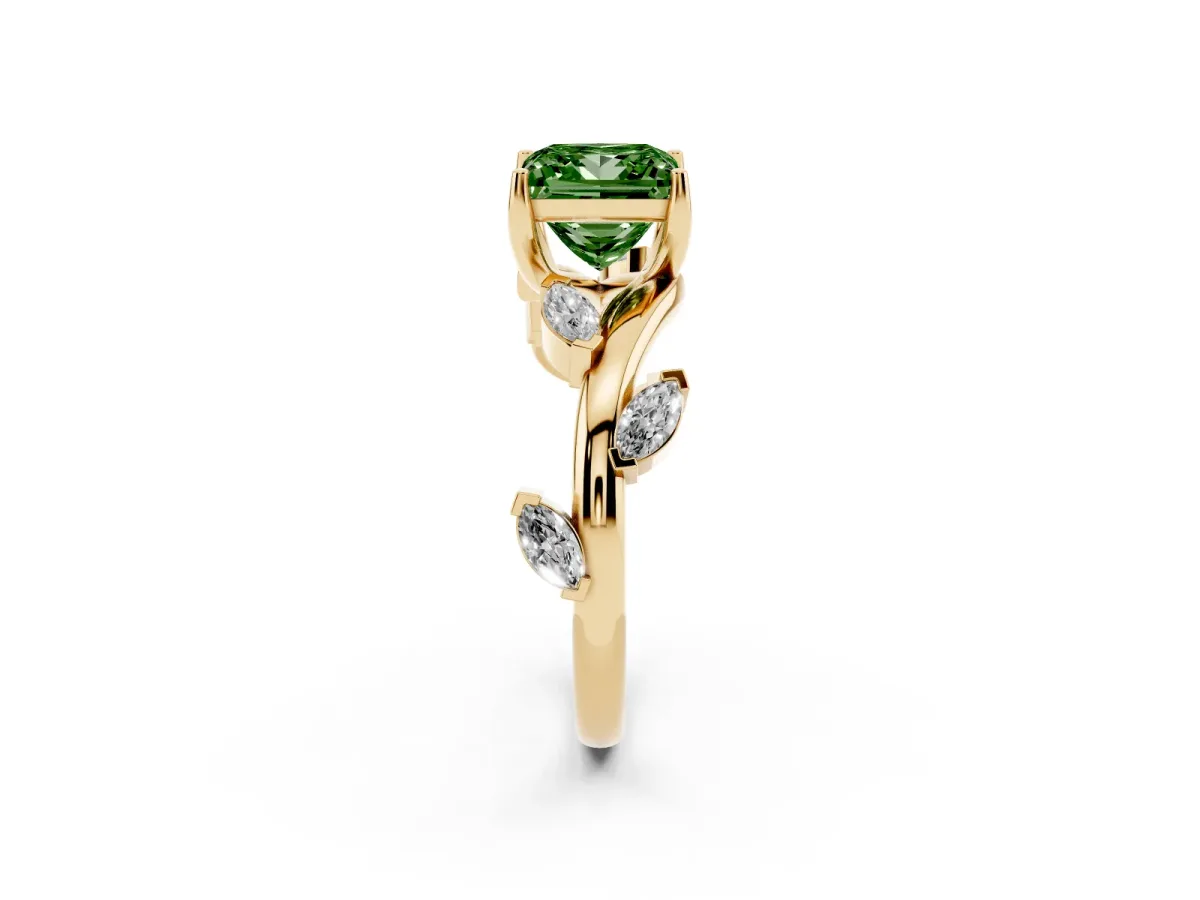 Fancy Green Princess Cut Solitaire Twisted Band Marquise Accent Prong Setting Ring Yellow gold