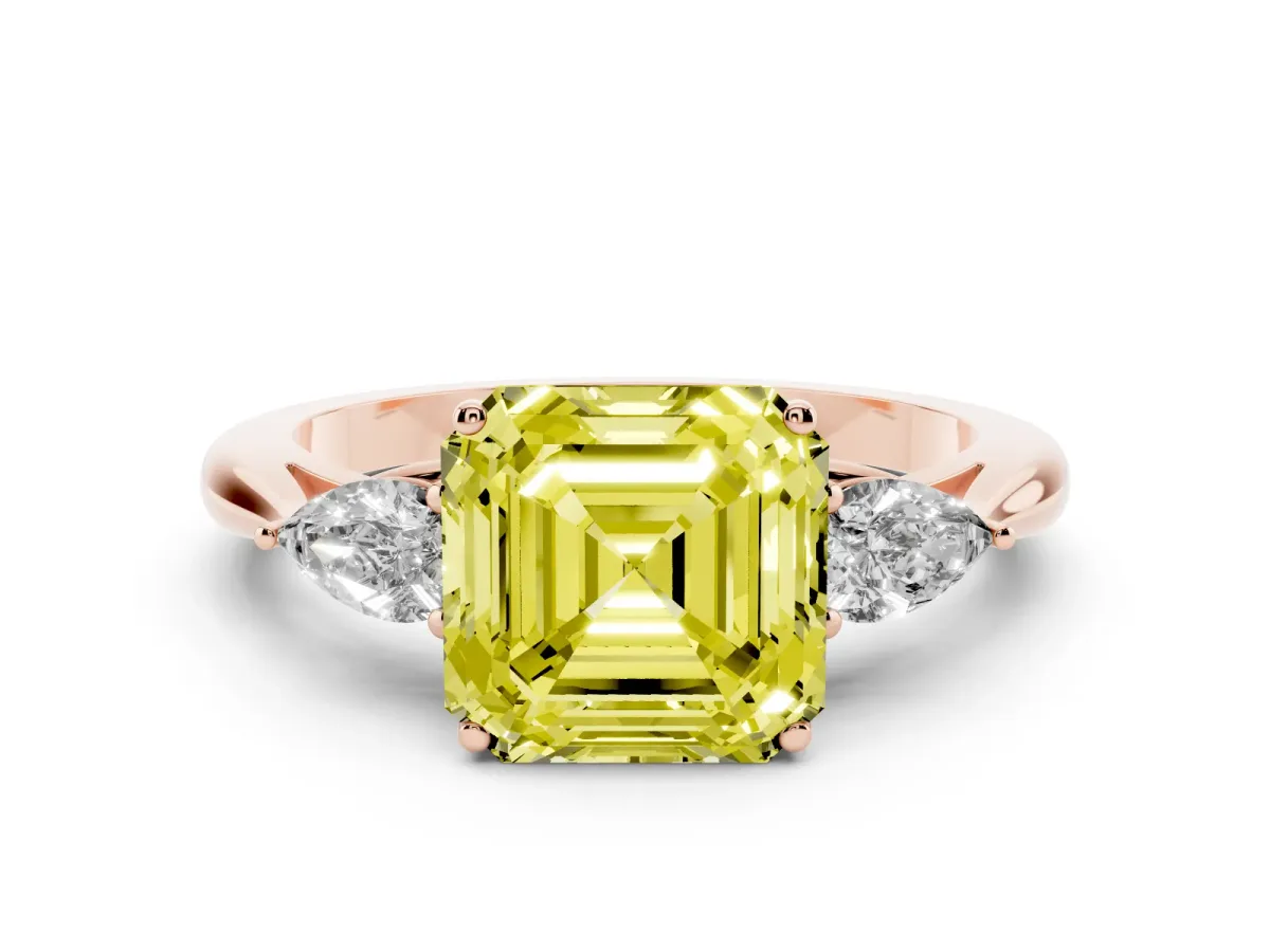 Fancy Yellow Asscher Cut Diamond Three-Stone Ring with Pear Side Stones and Prong Setting Rose gold