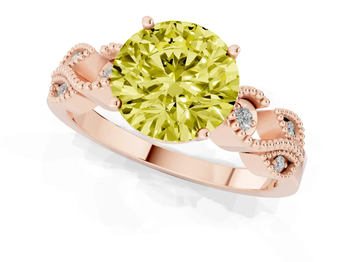 Fancy Yellow Round Cut Solitaire Milgrain Leaf Band with Prong Setting Rose gold