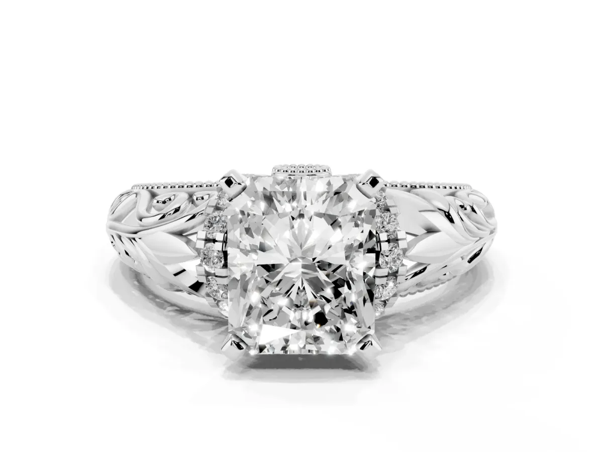 Radiant Cut Solitaire Filigree Engagement Ring with Halo and Prong Setting Silver