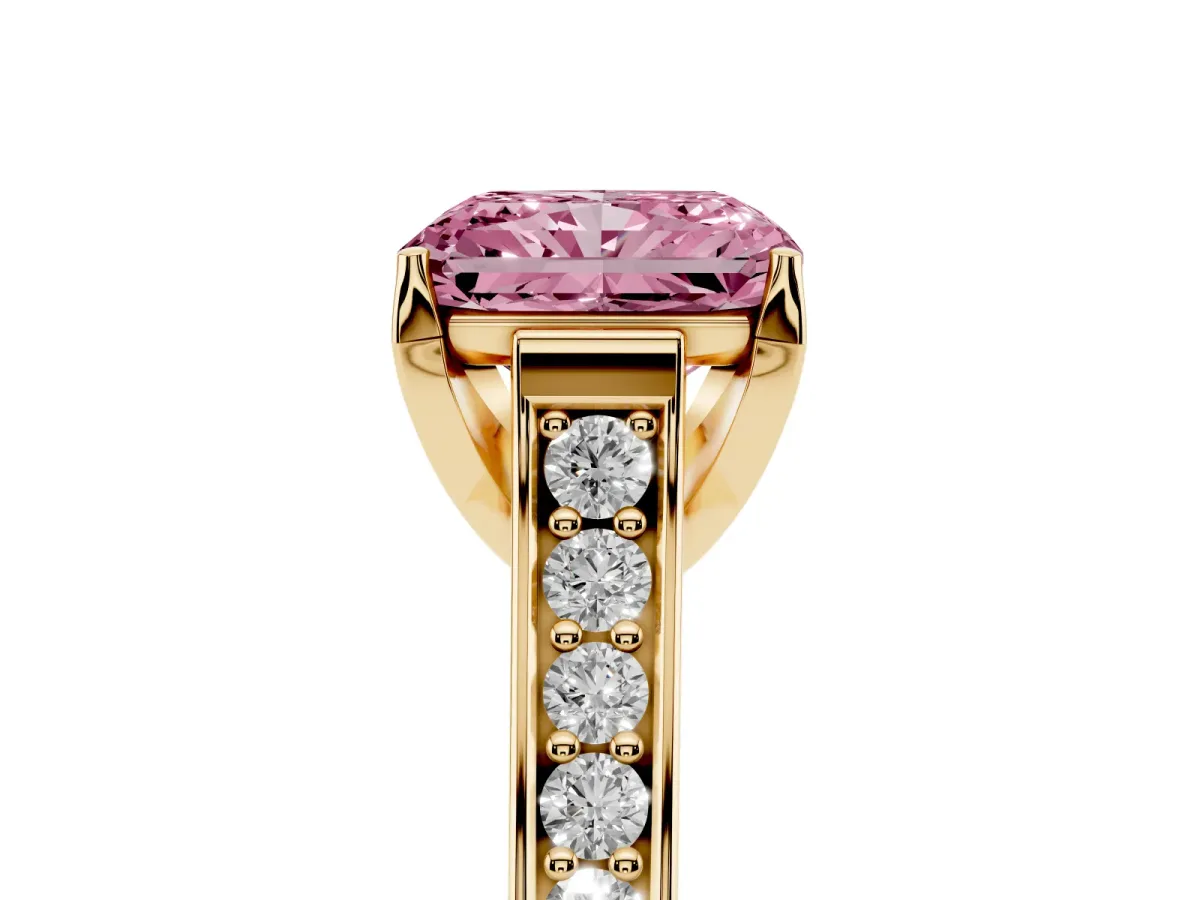 Fancy Pink Radiant Cut Brilliant Cut Diamond Engagement Ring with Pavé Band and Four-Prong Setting Yellow gold