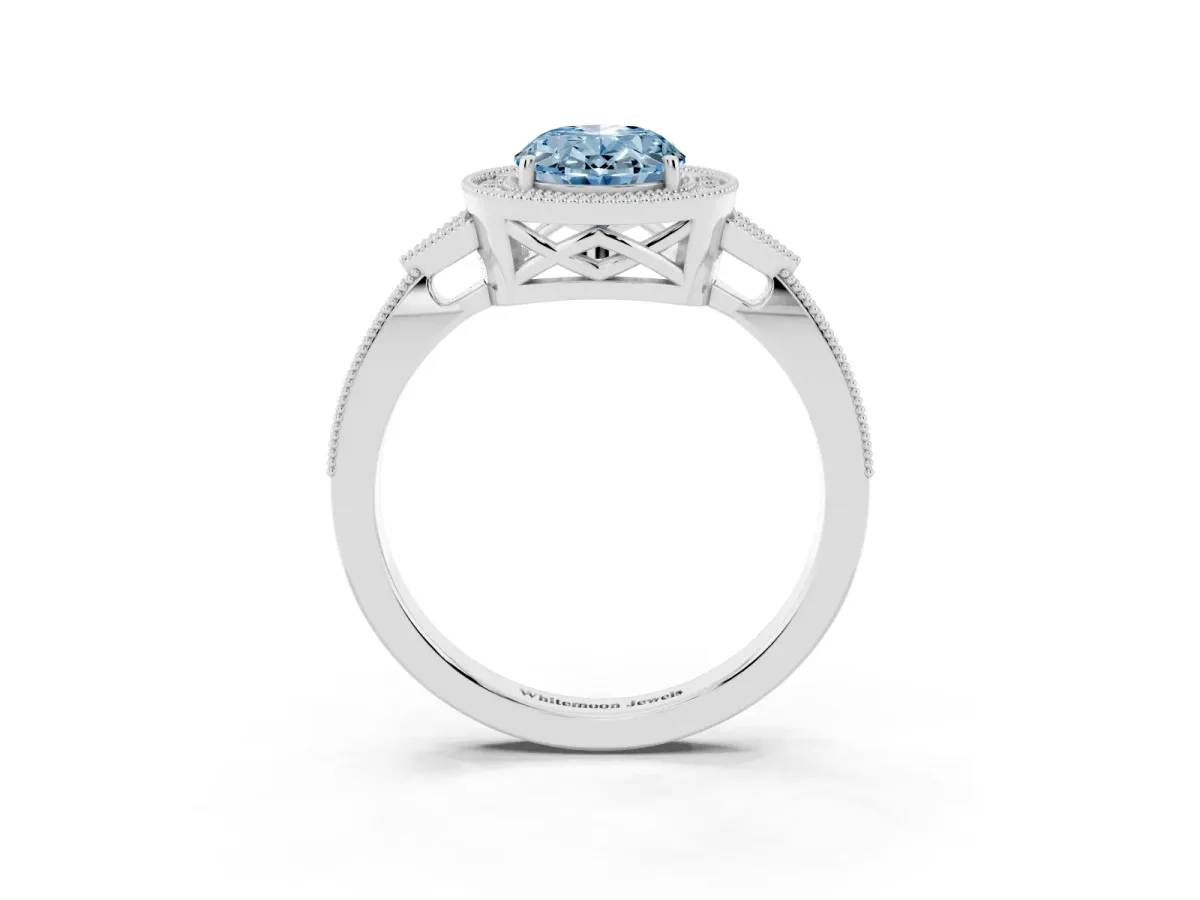 Fancy Blue Oval Cut Halo Round Diamond Milgrain Pave Engagement Ring Silver