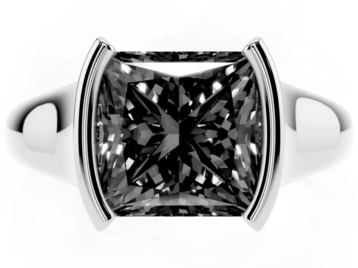 Fancy Black Princess Cut Solitaire Tension Set Diamond Ring with Split Shank Band Silver