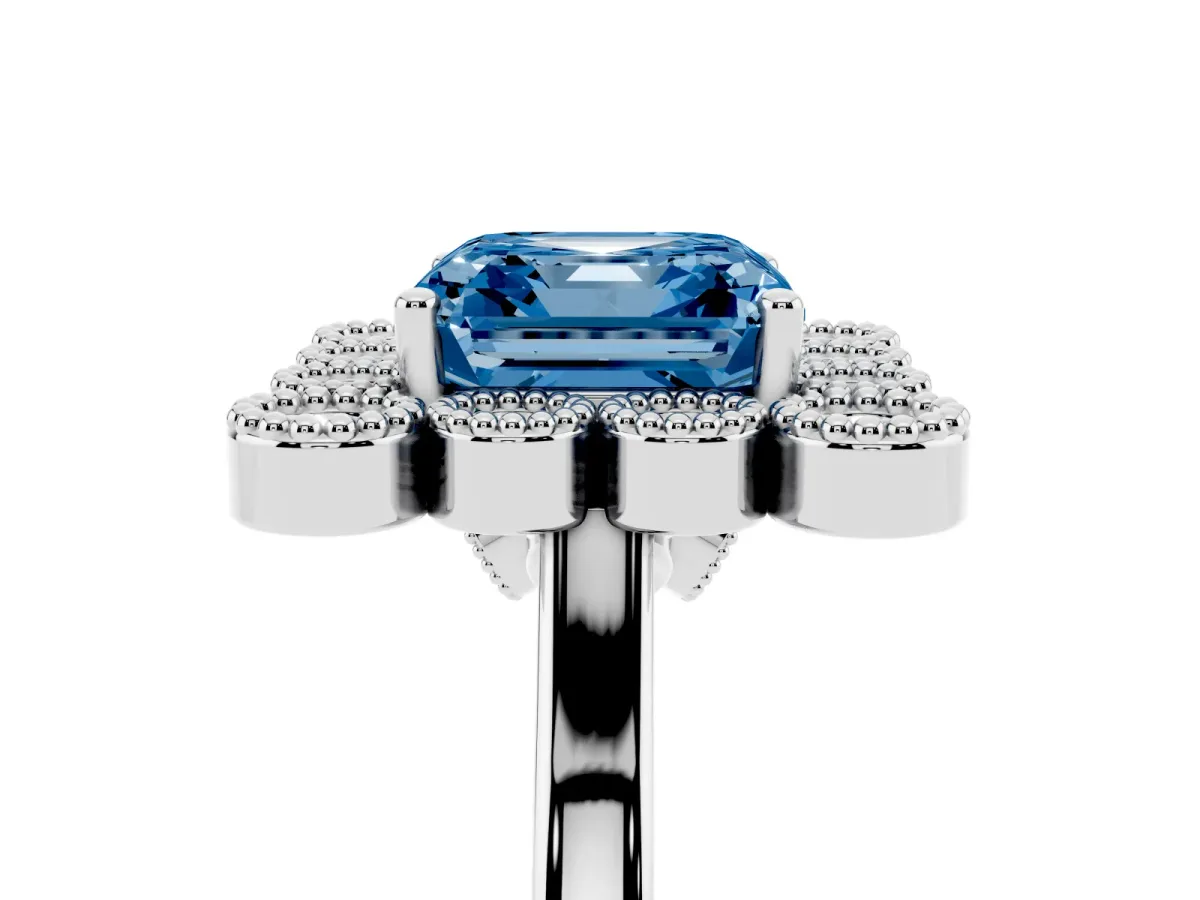 Fancy Blue Asscher Cut Halo Diamond Cluster Engagement Ring with Milgrain Bezel Setting and Solitaire Band Silver