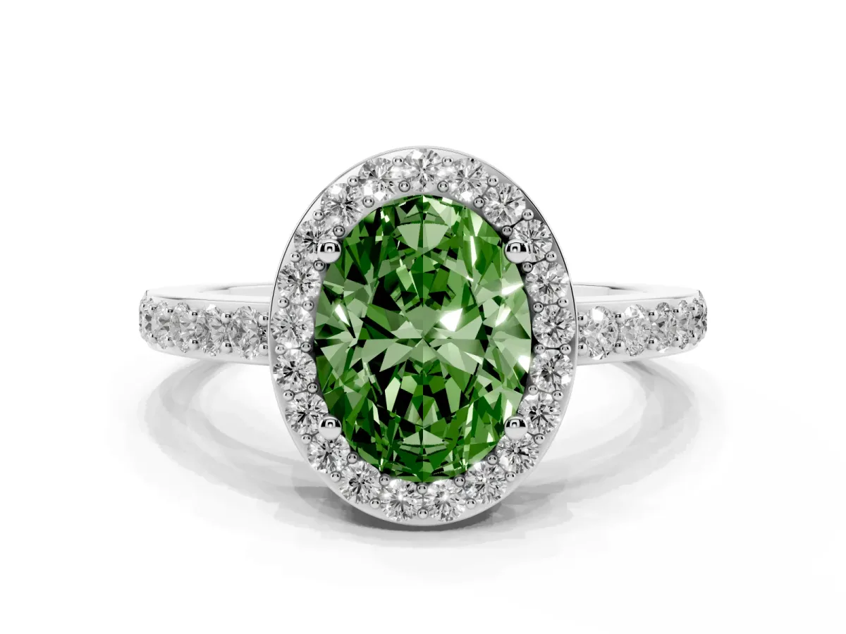 Fancy Green Oval Cut Halo Diamond Pavé Band Ring with Prong Setting Silver