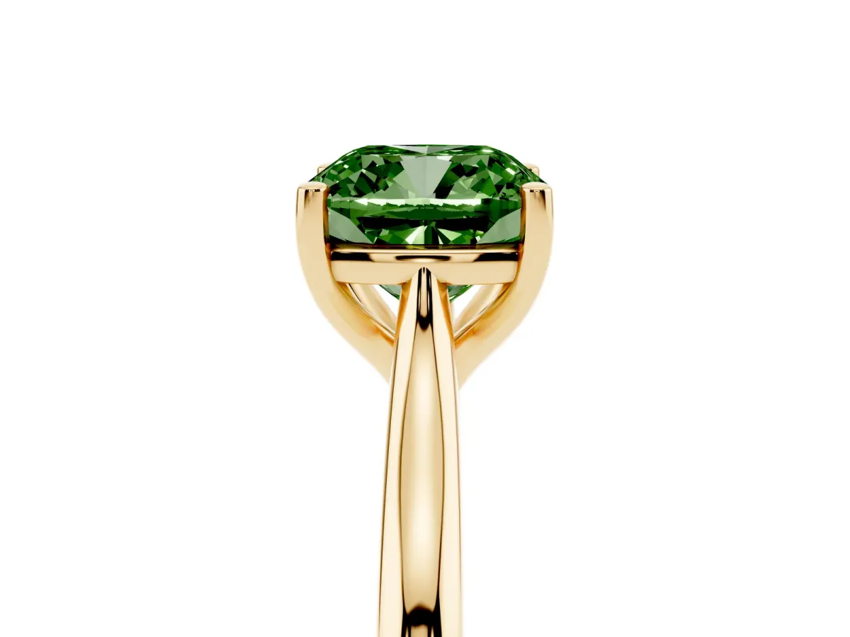 Fancy Green Cushion Cut Cut Solitaire Ring with Cathedral Band and Four-Prong Setting Yellow gold