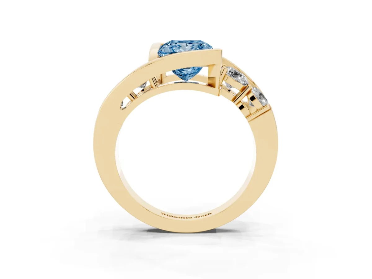Fancy Blue Bezel Set Princess Cut Diamond Bypass Ring with Round Accents Yellow gold