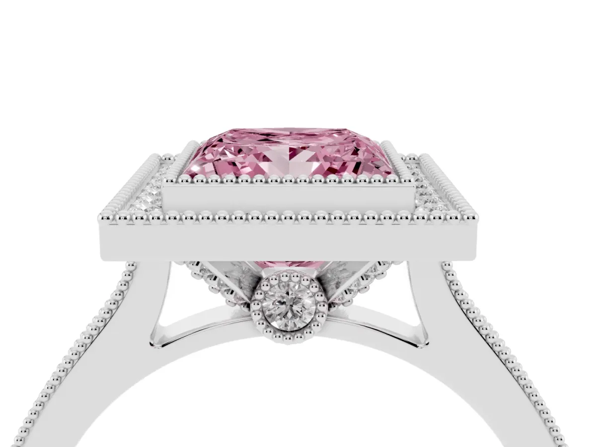 Fancy Pink Halo Princess Cut-Cut Diamond Pave Band Milgrain Prong Setting Ring Platinum