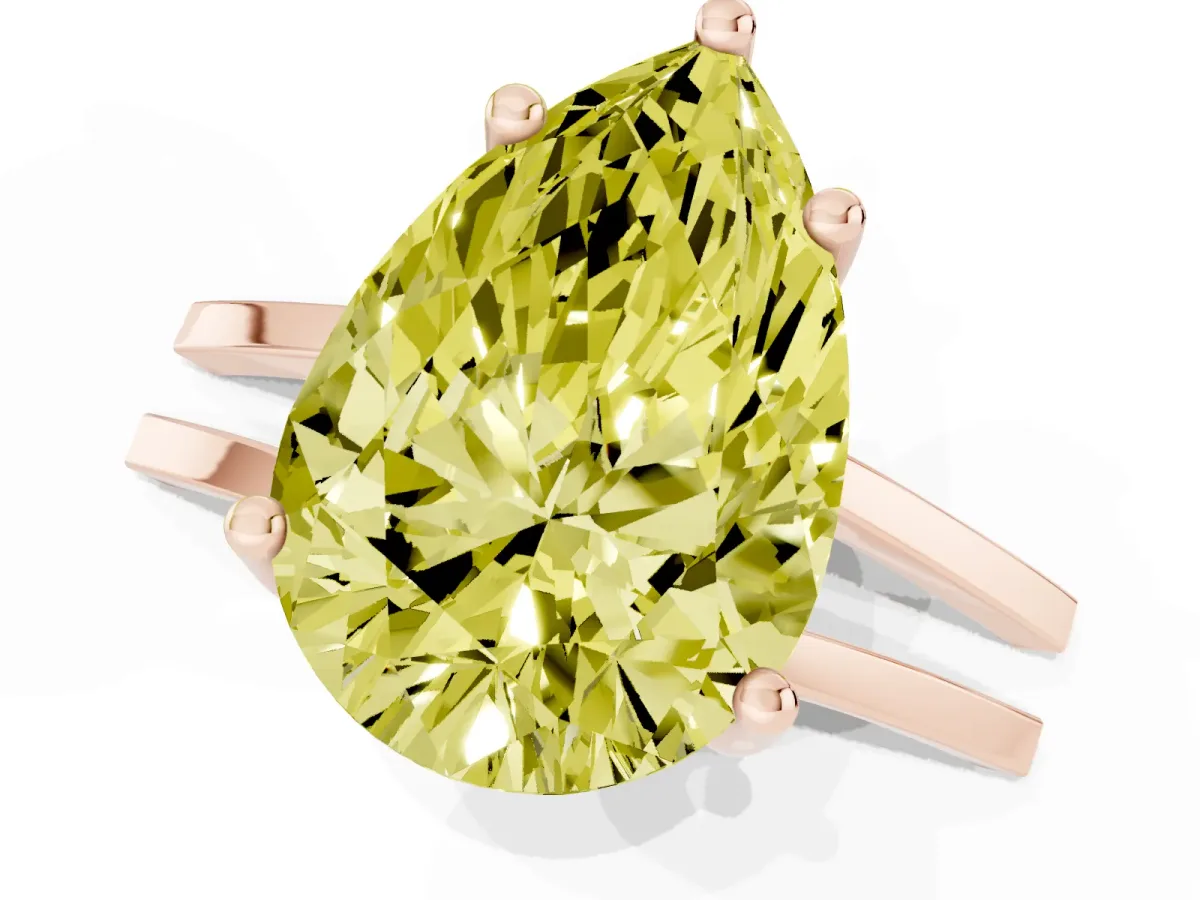 Fancy Yellow Pear Cut Cut Diamond Solitaire Engagement Ring with Tapered Plain Band and Four-Prong Setting Rose gold