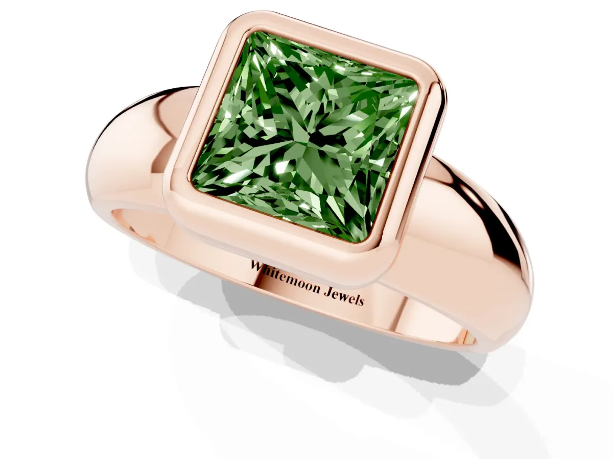 Fancy Green Bezel Set Princess Cut Solitaire Ring with Wide Band Rose gold