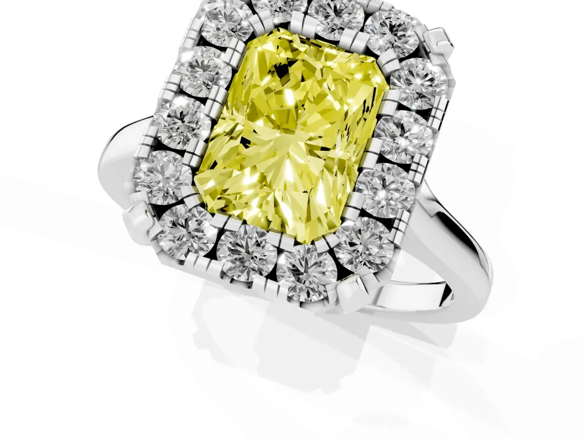 Fancy Yellow Radiant Cut Diamond Cluster Halo Solitaire with Four-Prong Setting Silver