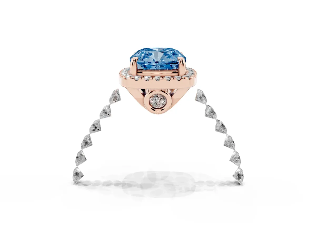 Fancy Blue Cushion Cut Halo Pavé Diamond Engagement Ring with Four-Prong Setting Rose gold