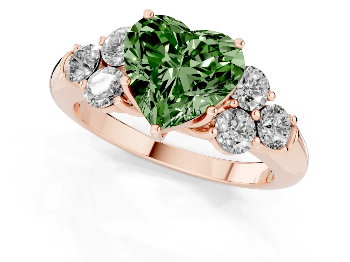Fancy Green Heart Cut Cut Diamond Cluster Ring with Round Accent Stones and Prong Setting on a Classic Band Rose gold