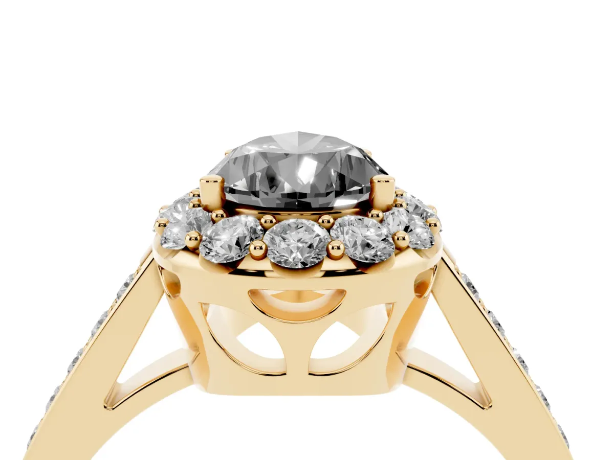 Fancy Black Pear Cut Diamond Floral Halo Ring with Pavé Band and Prong Setting Yellow gold
