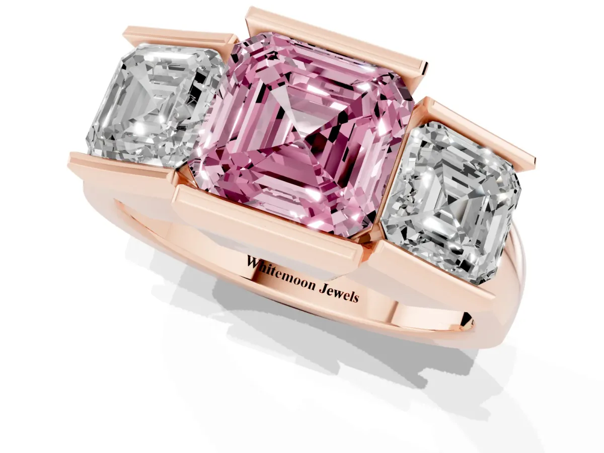 Fancy Pink Three Stone Asscher Cut Cut Channel Set Diamond Ring Rose gold