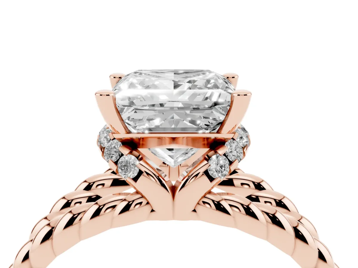 Princess Cut Halo Twisted Band Four-Prong Ring Rose gold