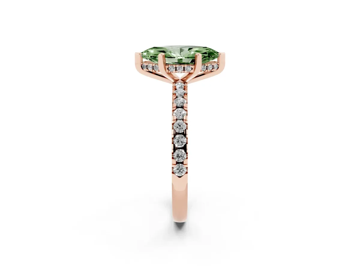 Fancy Green Marquise Cut Diamond Solitaire Ring with Round Pavé Band and Four-Prong Setting Rose gold
