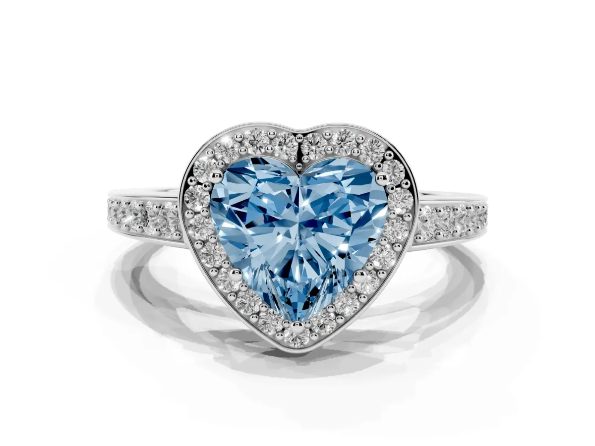 Fancy Blue Heart Cut Halo Pavé Diamond Engagement Ring with Bezel Setting Platinum
