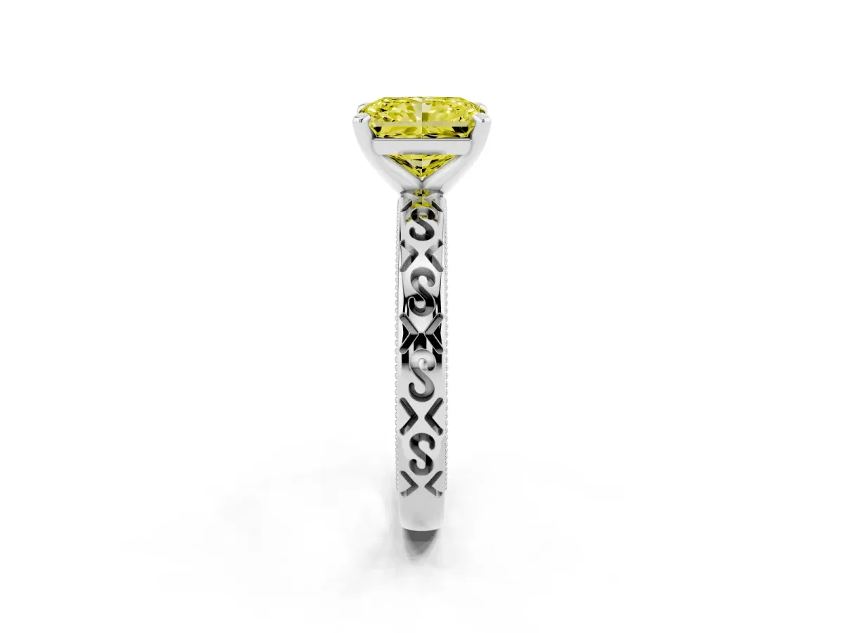 Fancy Yellow Radiant Cut Solitaire Engagement Ring with Scrollwork Band and Four-Prong Setting White gold