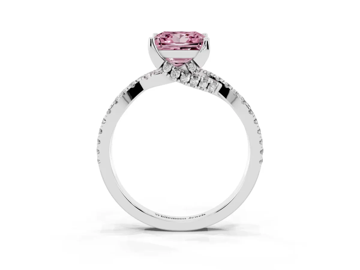 Fancy Pink Princess Cut Solitaire Twist Pave Diamond Engagement Ring with Prong Setting Silver