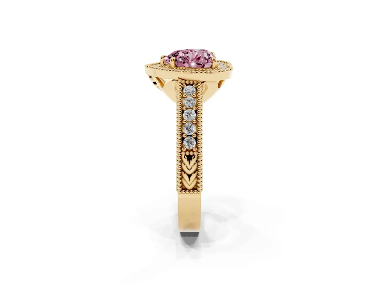 Fancy Pink Heart Cut Cut Halo Diamond Ring with Pavé Band and Four-Prong Setting Yellow gold