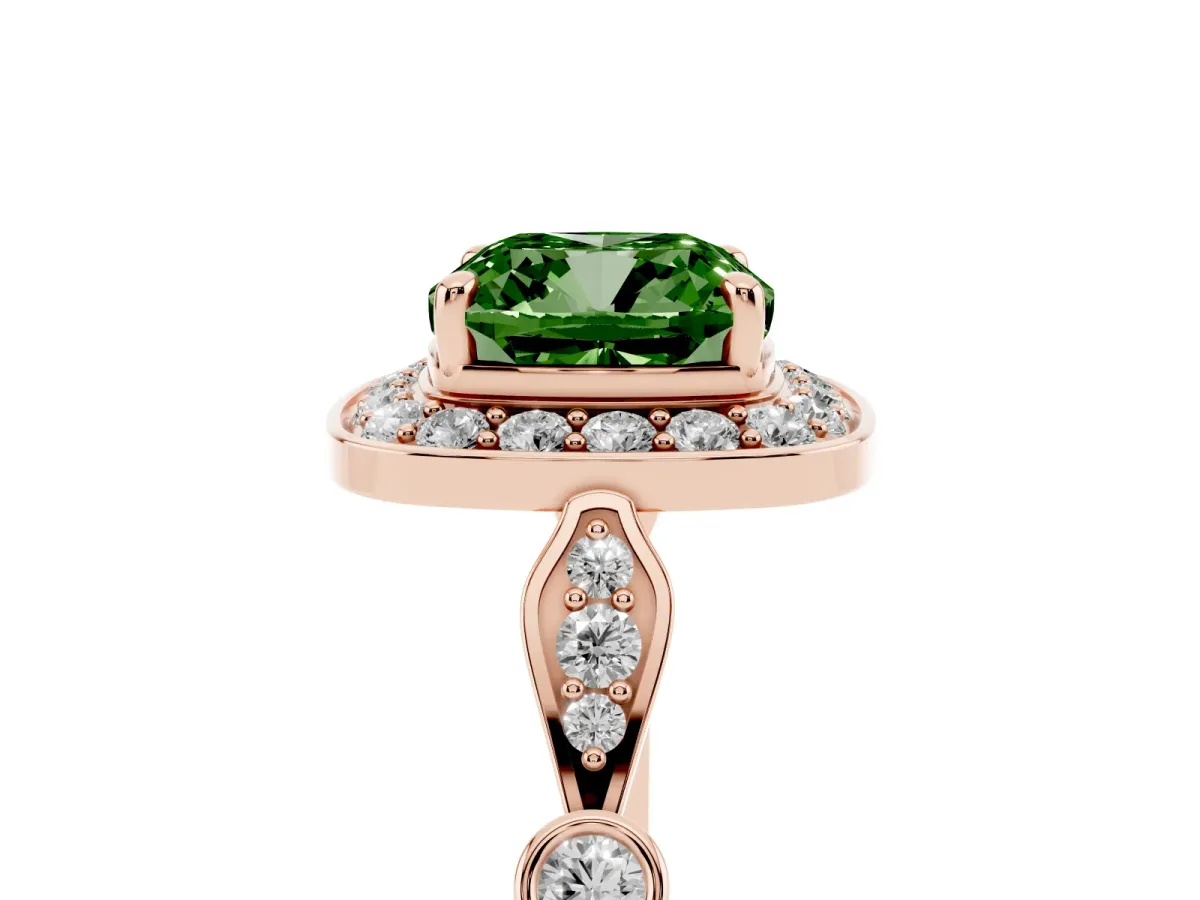 Fancy Green Cushion Cut Halo Diamond Engagement Ring with Twisted Band and Four-Prong Setting Rose gold