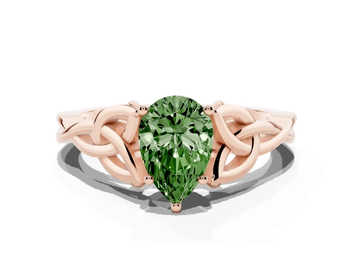 Fancy Green Pear Cut Diamond Solitaire Engagement Ring with Celtic Knot Band and Four-Prong Setting Rose gold