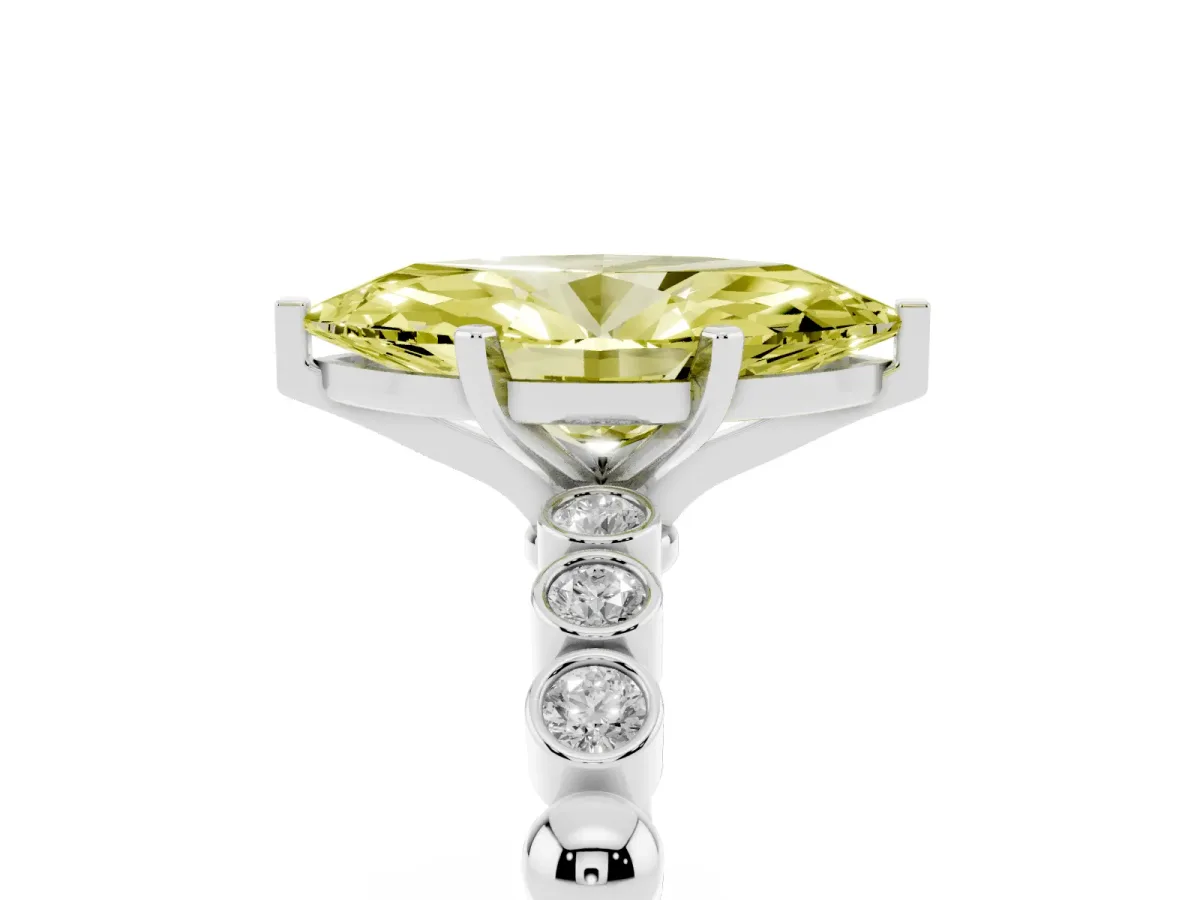 Fancy Yellow Marquise Cut Solitaire Bezel Accent Diamond Engagement Ring with Beaded Band and Four-Prong Setting Platinum