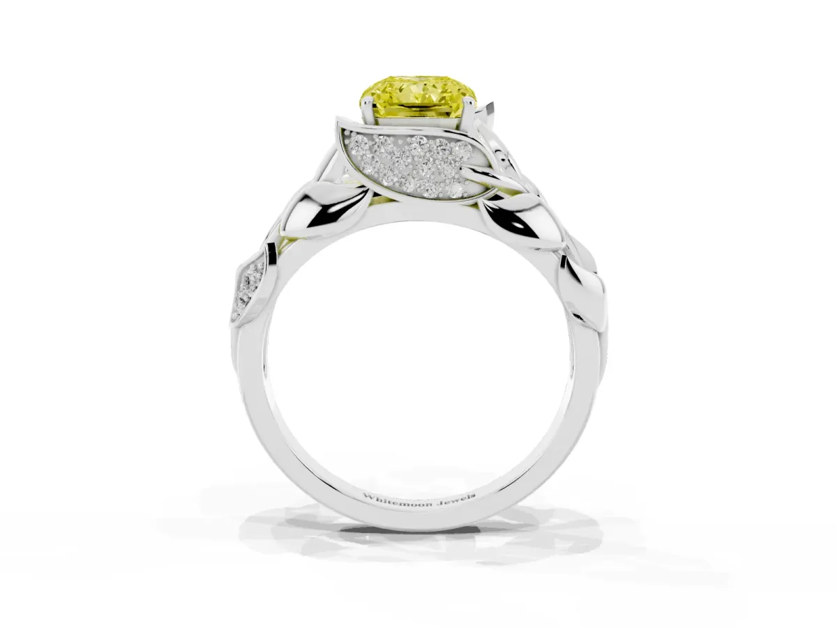 Fancy Yellow Radiant Cut Diamond Leaf-Inspired Engagement Ring with Round Accents and Prong Setting Silver