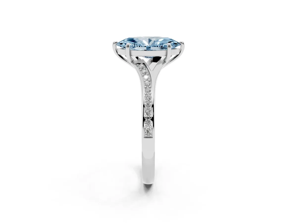 Fancy Blue Marquise Cut Diamond Solitaire Ring with Pavé Band and Prong Setting Silver