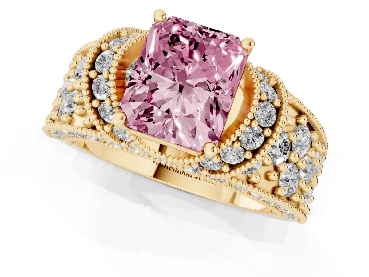 Fancy Pink Radiant Cut Halo Pave Diamond Engagement Ring with Milgrain Detailing Yellow gold