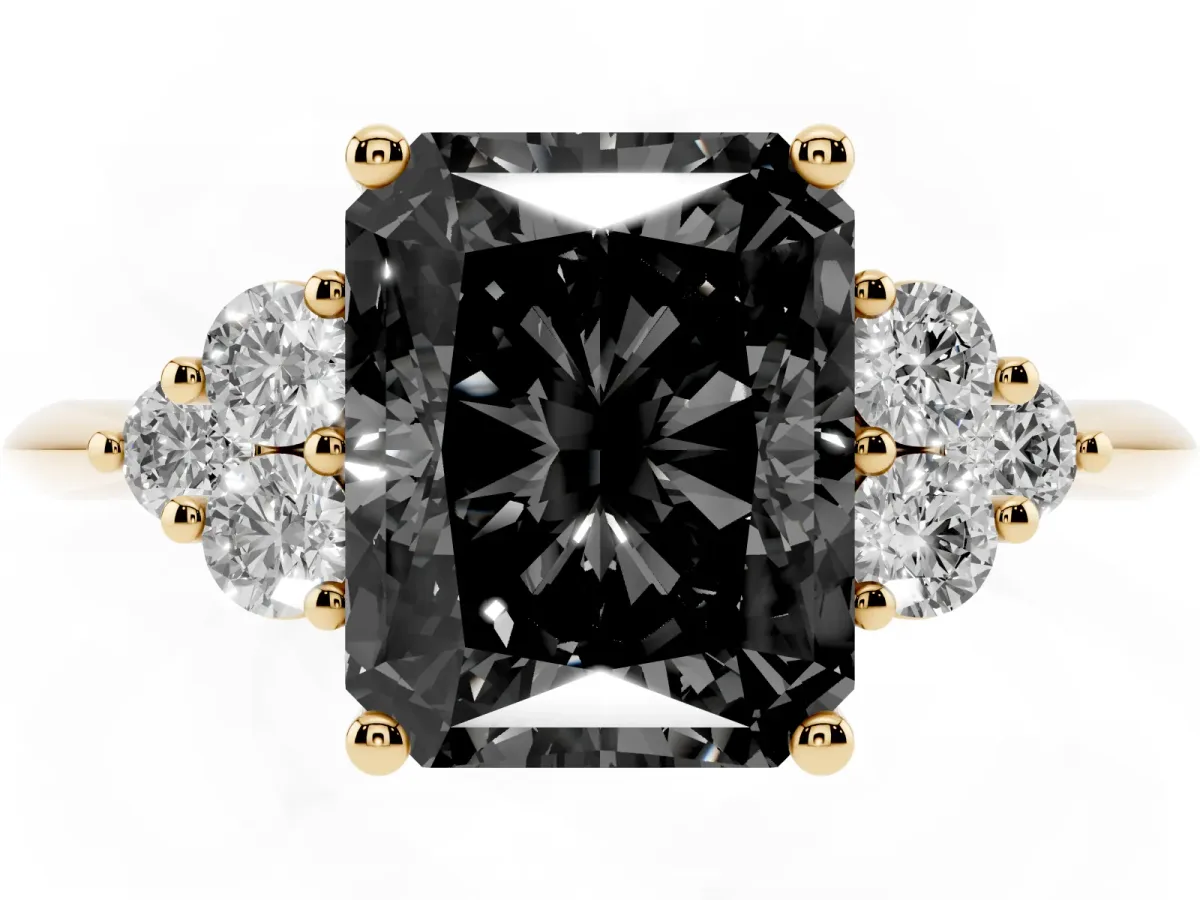 Fancy Black Radiant Cut Cut Diamond Cluster Ring with Solitaire Band and Four-Prong Setting Yellow gold