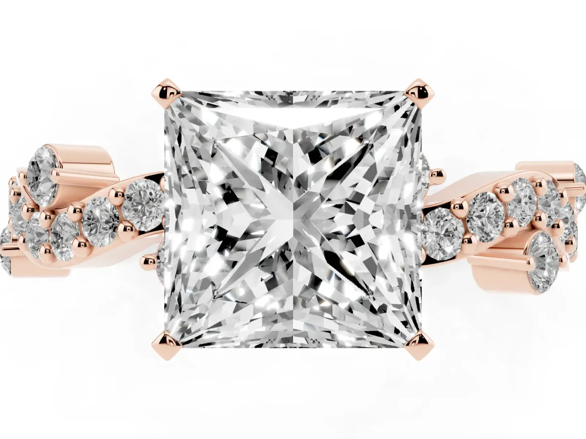 Princess Cut Cut Solitaire Diamond Twisted Band with Pave Setting Rose gold